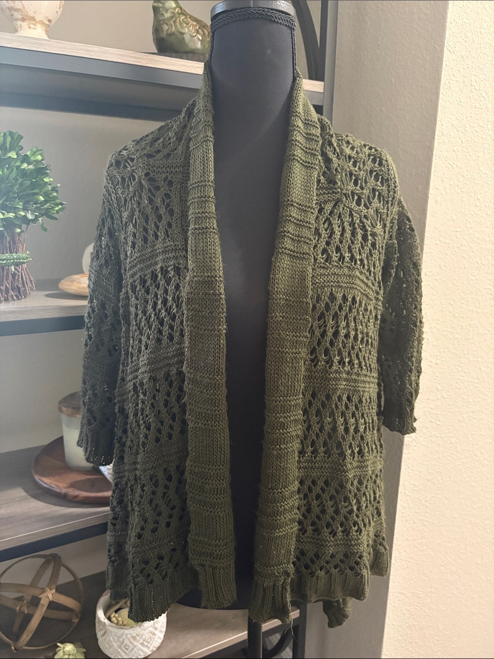 Daytrip Dark Olive Green Open-Knit Draped Cardigan